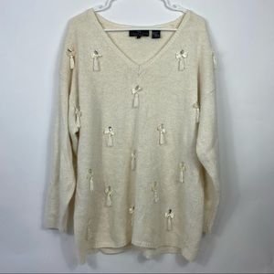 Carole Little Sweater Womens Size Large Silk Angora Rabbit Hair Blend Bow Tassel